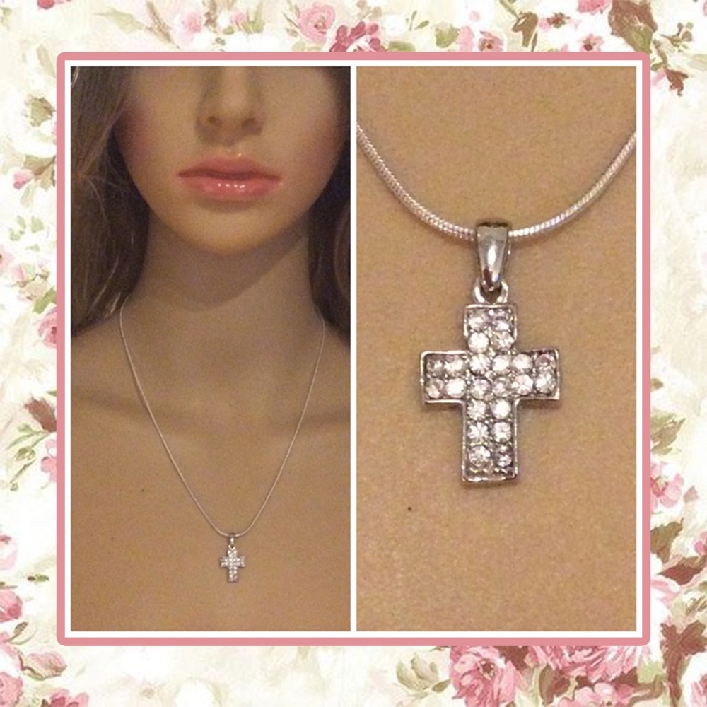 🎀 CROSS NECKLACE DIAMOND BLING 18" RELIGIOUS BOHO